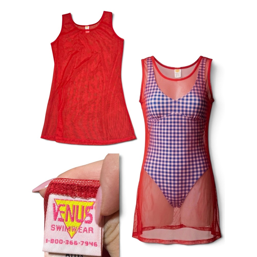 VTG 90s Venus Swimwear Red Mesh Beach Festival Cover Up Dress sheer retro Sz M/L